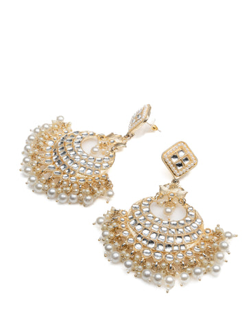 Moonlit Crescent tall kundan chandbali earrings with luminous pearl drops, by Luxani