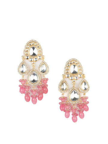 Coral Crescent kundan chandbali earrings with coral pink bead drops, by Luxani
