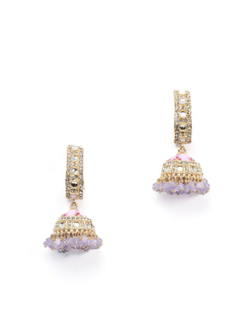 Lilac Jhumka gold earrings with lilac meena enamel and white pearl drops, by Luxani