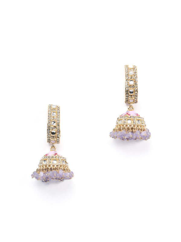 Lilac Jhumka gold earrings with lilac meena enamel and white pearl drops, by Luxani