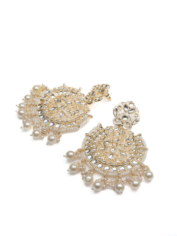 Pearl Crescent kundan chandbali earrings with white pearl drops, by Luxani
