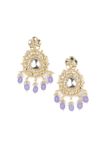 Lilac Drops gold chandelier earrings with lavender bead clusters, by Luxani