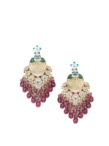 Wine Cascade tall tiered gold earrings with wine and maroon bead drops, by Luxani