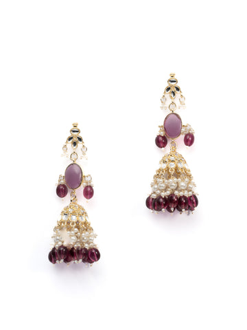 Garnet Jhumka gold earrings with deep garnet wine bead drops, by Luxani