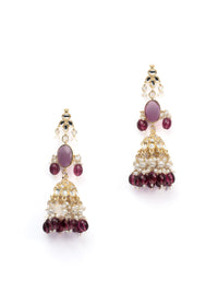 Garnet Jhumka gold earrings with deep garnet wine bead drops, by Luxani