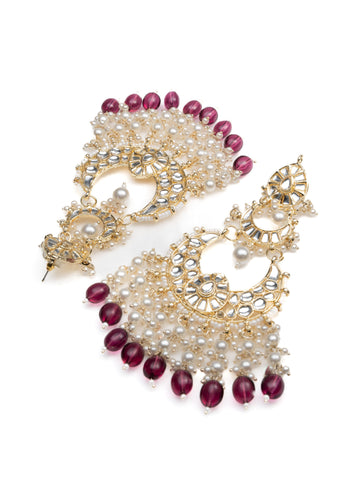 Pearl Mughal arched mughal-style earrings with kundan work and white pearl drops, by Luxani
