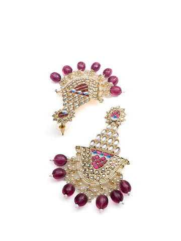 Maroon Mughal arched mughal-style earrings with red meena and maroon bead drops, by Luxani
