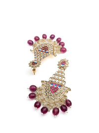 Maroon Mughal arched mughal-style earrings with red meena and maroon bead drops, by Luxani