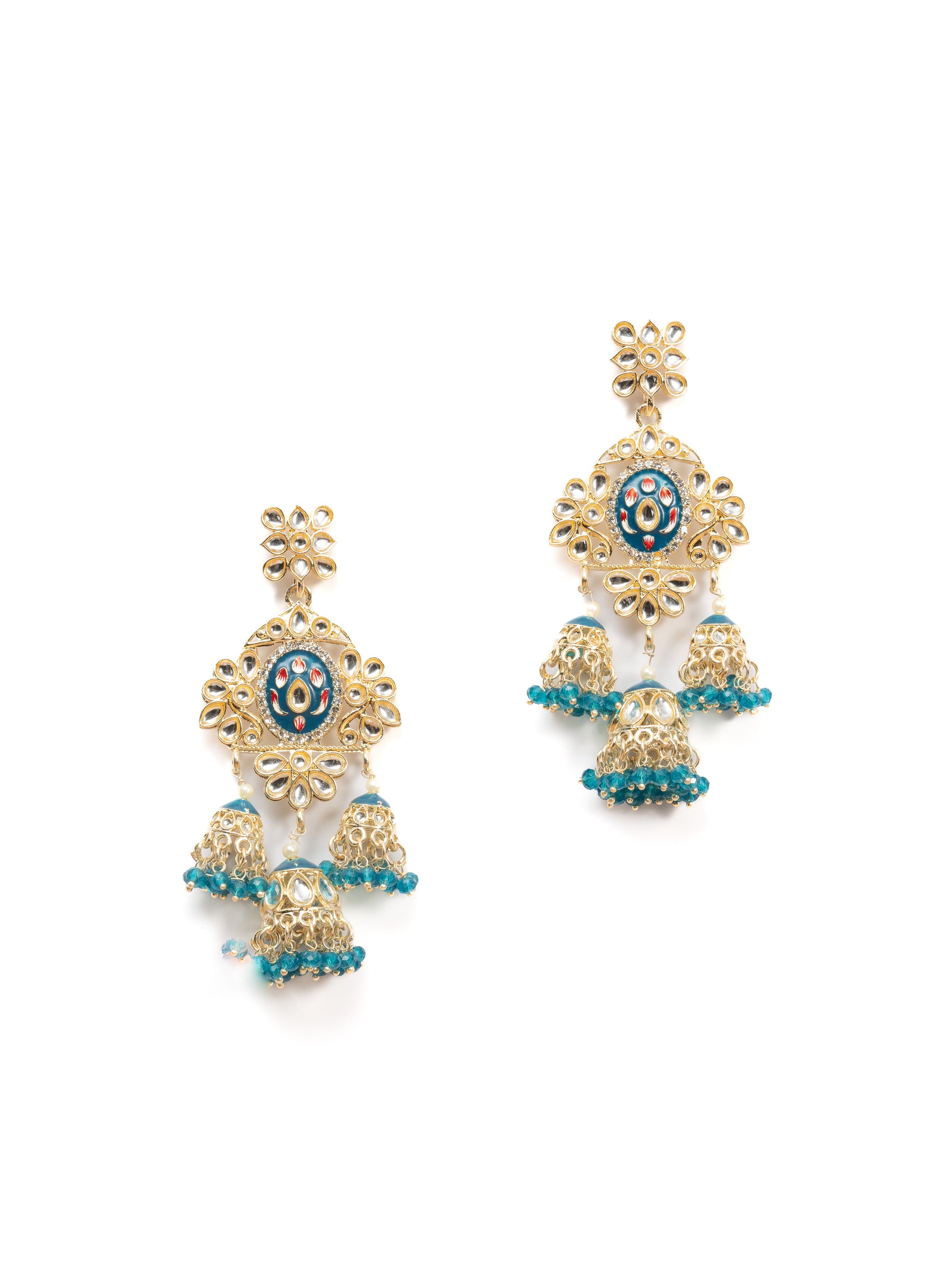 Sapphire Tier triple-tier jhumka earrings with blue meena and teal bead clusters, by Luxani