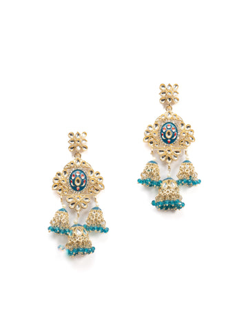 Sapphire Tier triple-tier jhumka earrings with blue meena and teal bead clusters, by Luxani