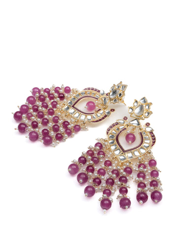 Pink Cascade tall multi-tier gold earrings with soft pink bead drops, by Luxani