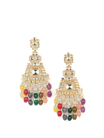 Rainbow Cascade tiered gold earrings with multi-colour bead drops, by Luxani