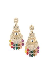 Rainbow Cascade tiered gold earrings with multi-colour bead drops, by Luxani