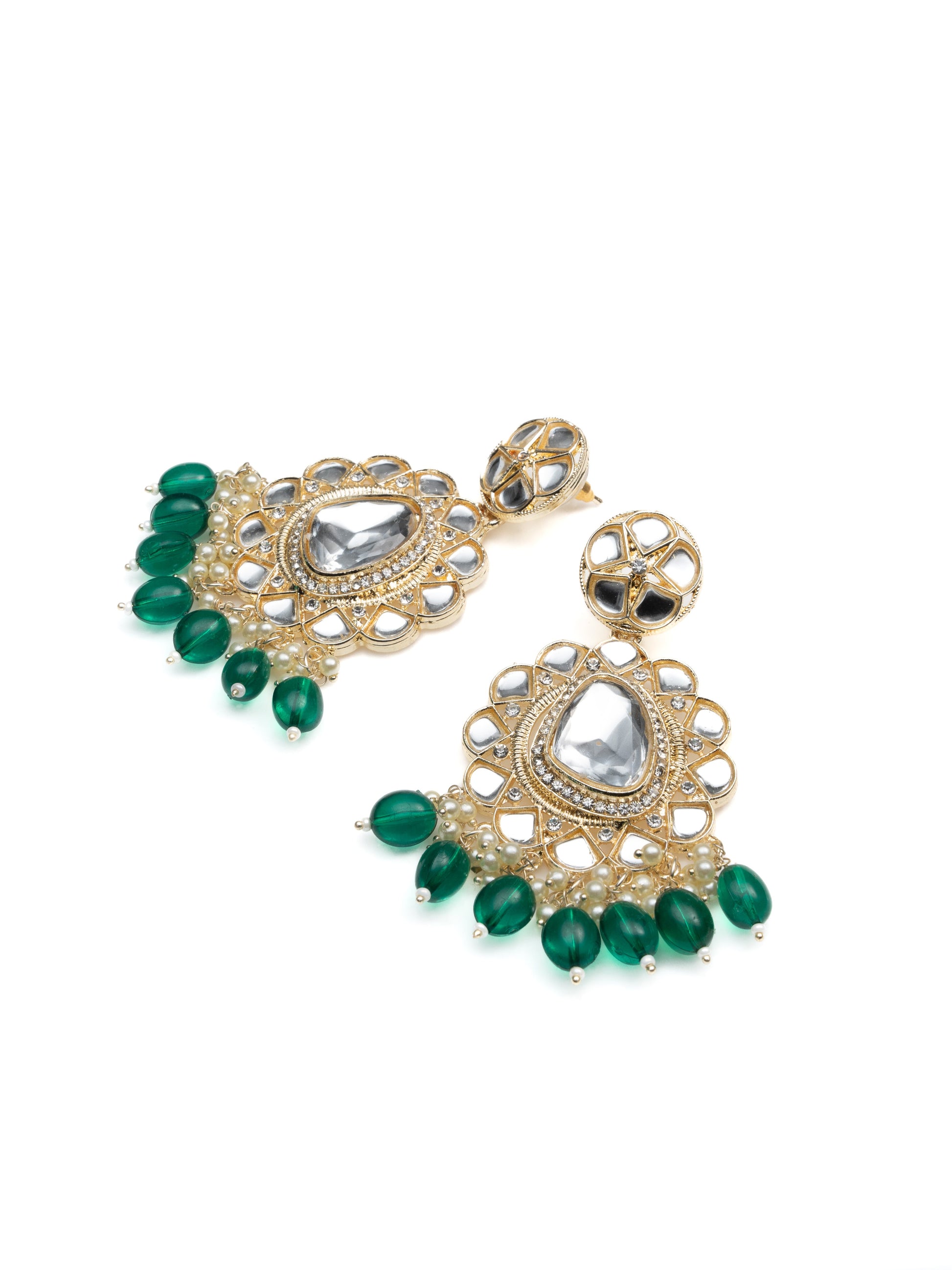 Forest Crescent kundan chandbali earrings with deep forest-green bead drops, by Luxani