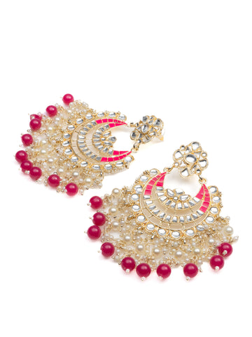 Coral Bali kundan chandbali earrings with bright coral pink bead drops, by Luxani