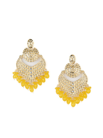 Marigold Crescent kundan chandbali earrings with marigold yellow bead drops, by Luxani