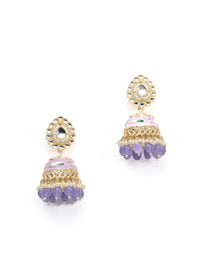 Lavender Jhumka gold earrings with soft lavender bead drops, by Luxani