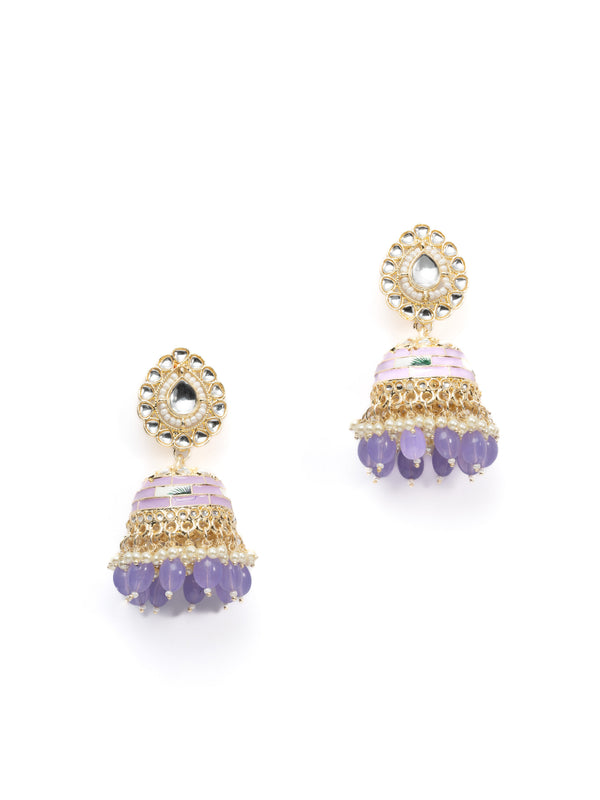 Lavender Jhumka gold earrings with soft lavender bead drops, by Luxani