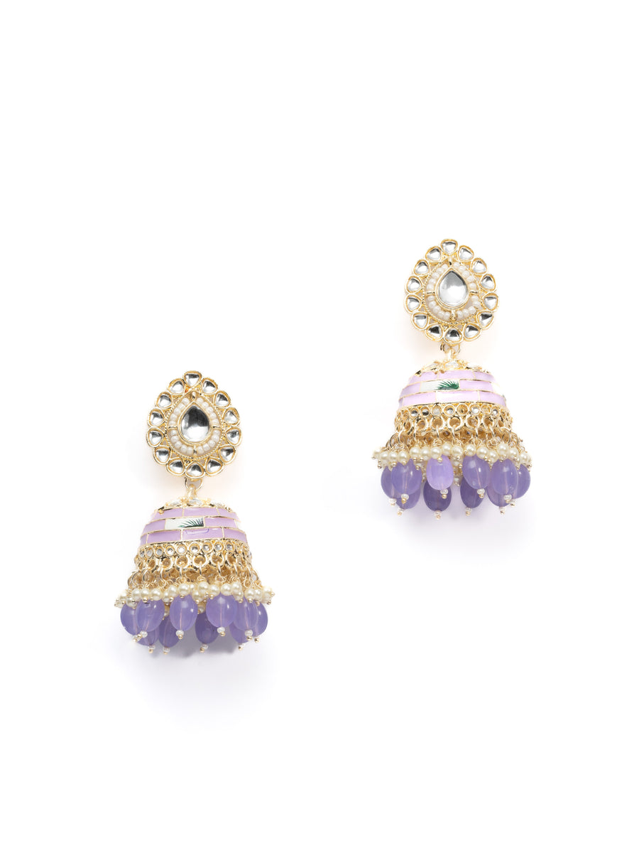 Lavender Jhumka gold earrings with soft lavender bead drops, by Luxani