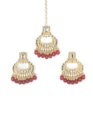 Ruby Mangtika earring and mangtika set with deep ruby red bead drops, by Luxani