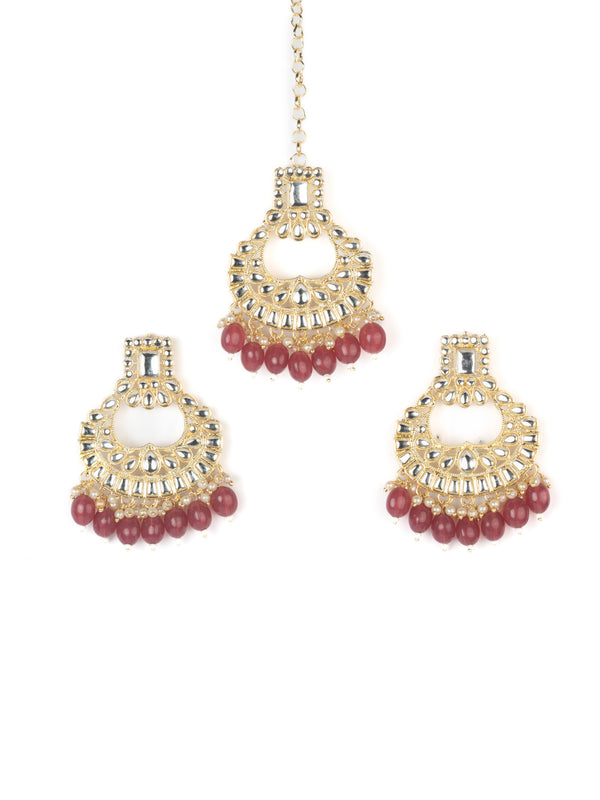 Ruby Mangtika earring and mangtika set with deep ruby red bead drops, by Luxani