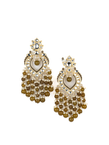 Olive Cluster gold chandelier earrings with thick olive-green bead drops, by Luxani
