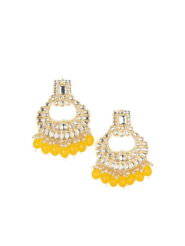 Sunshine Crescent kundan chandbali earrings with yellow bead drops, by Luxani