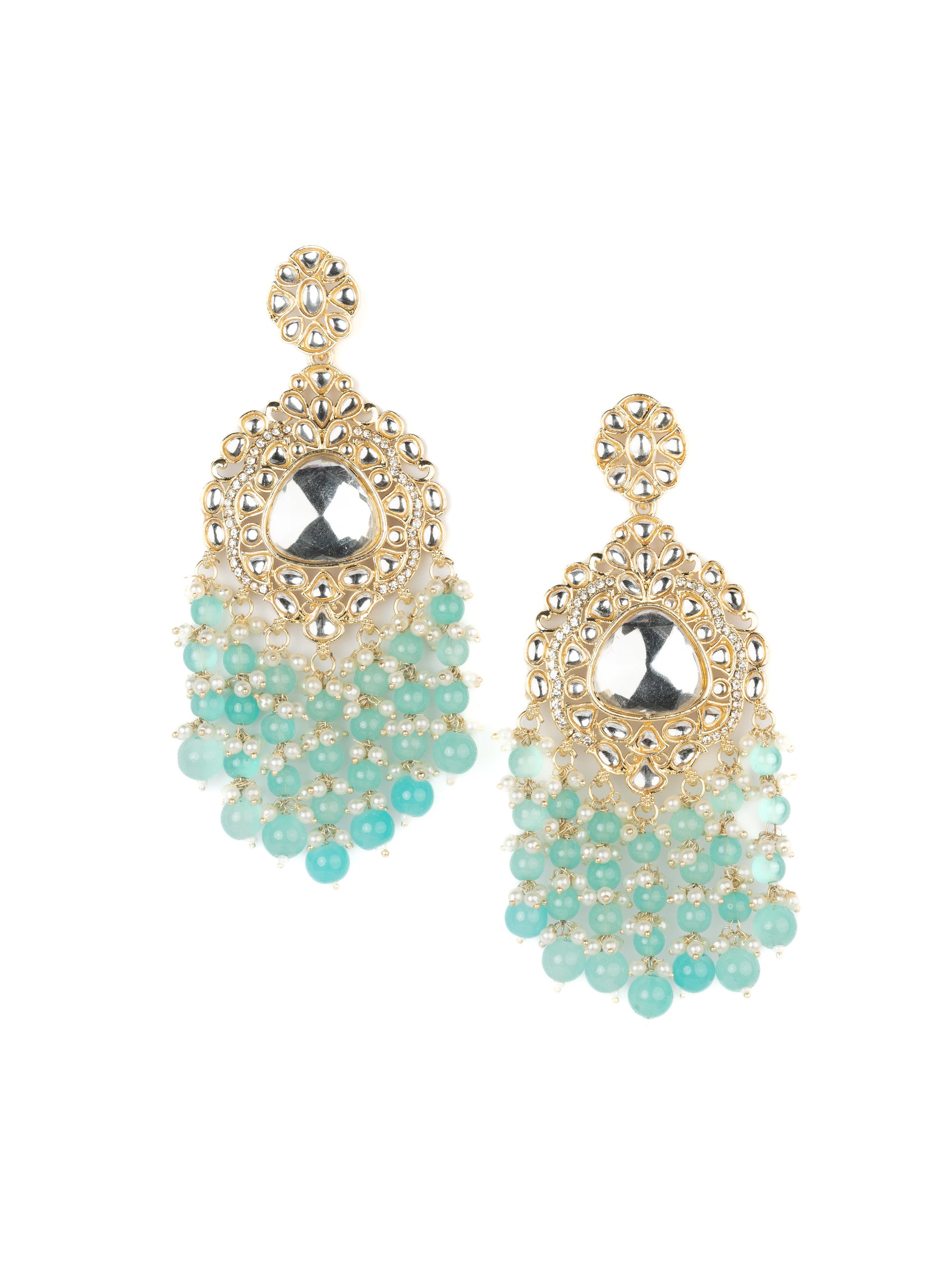 Seafoam Drops gold chandelier earrings with mint sea-green bead drops, by Luxani