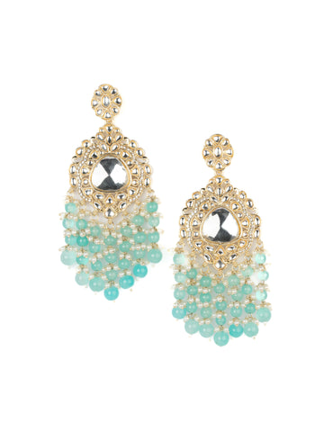 Seafoam Drops gold chandelier earrings with mint sea-green bead drops, by Luxani