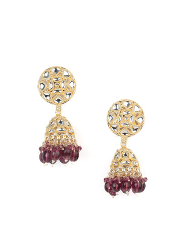 Maroon Jhumka gold earrings with deep maroon bead drops, by Luxani