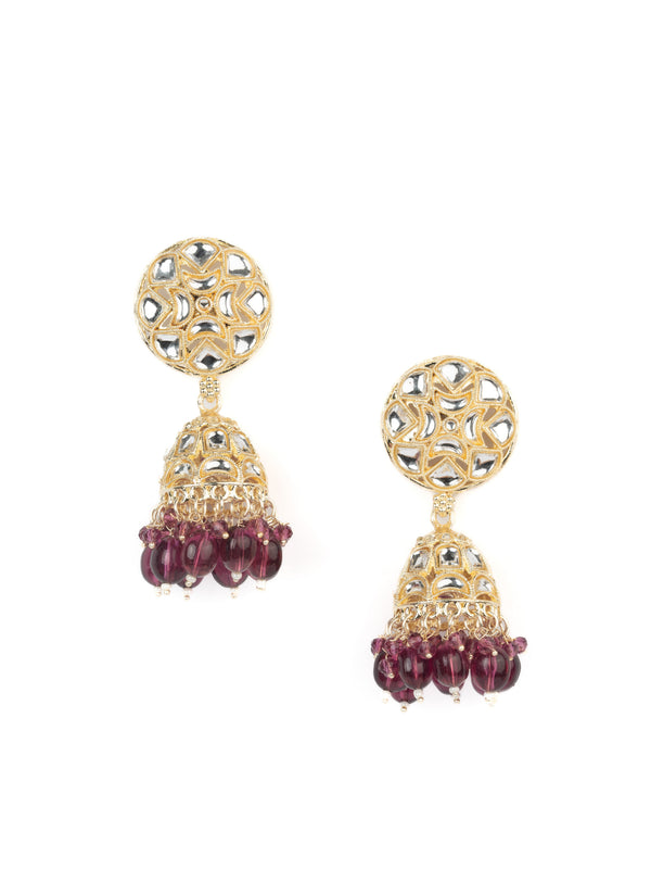 Maroon Jhumka gold earrings with deep maroon bead drops, by Luxani