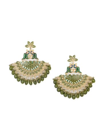 Peacock Chandbali kundan chandbali earrings with peacock motif and meena enamel work, by Luxani