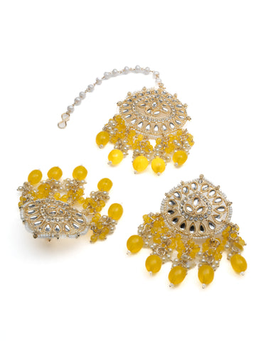 Marigold Mangtika earring and mangtika set with marigold yellow bead drops, by Luxani