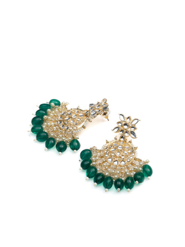 Emerald Crescent kundan chandbali earrings with deep emerald green bead drops, by Luxani