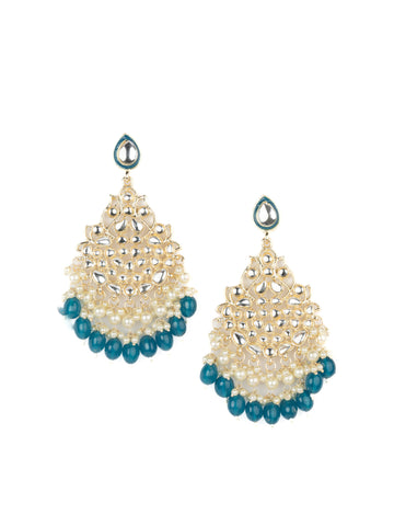Indigo Cluster gold chandelier earrings with deep navy blue bead drops, by Luxani