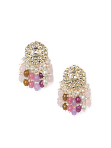 Pink Mosaic jhumka earrings with multi-shade pink, lilac and brown bead drops, by Luxani