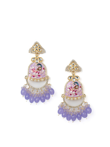 Lavender Krishna hand-painted jhumka earrings with lavender bead drops and ornate gold work, by Luxani