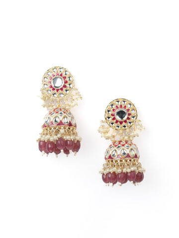 Ruby Meenakari red and green meenakari jhumka earrings with crimson bead drops, by Luxani