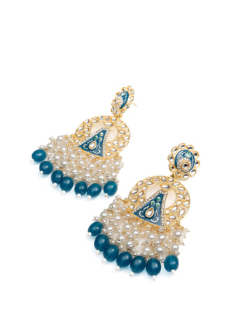 Sapphire Crescent blue meena chandbali earrings with deep navy bead drops, by Luxani