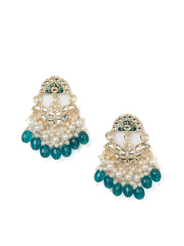 Teal Lagoon pearl-cluster baali earrings with deep teal bead drops and gold filigree, by Luxani