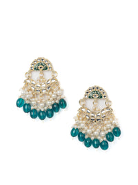 Teal Lagoon pearl-cluster baali earrings with deep teal bead drops and gold filigree, by Luxani