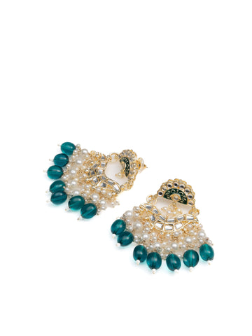 Teal Lagoon pearl-cluster baali earrings with deep teal bead drops and gold filigree, by Luxani
