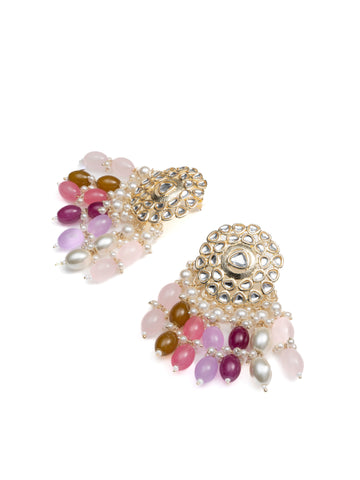 Pink Mosaic jhumka earrings with multi-shade pink, lilac and brown bead drops, by Luxani