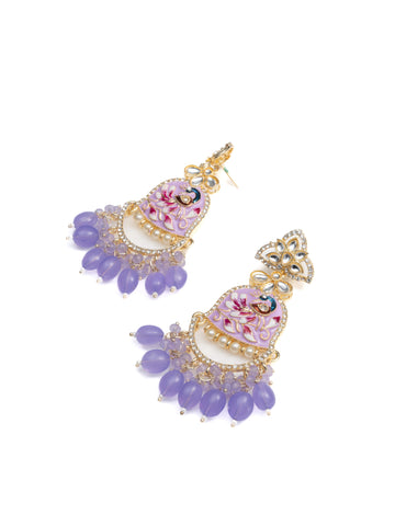 Lavender Krishna hand-painted jhumka earrings with lavender bead drops and ornate gold work, by Luxani