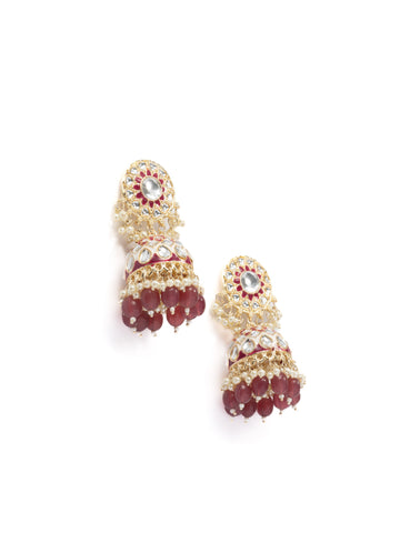 Ruby Meenakari red and green meenakari jhumka earrings with crimson bead drops, by Luxani