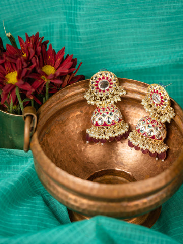 Ruby Meenakari red and green meenakari jhumka earrings with crimson bead drops, by Luxani