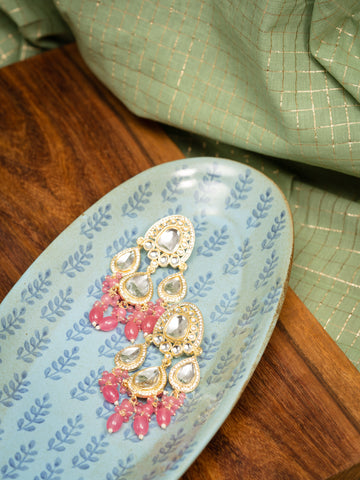 Coral Crescent kundan chandbali earrings with coral pink bead drops, by Luxani