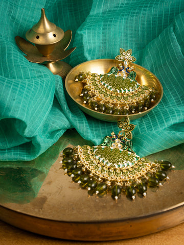 Peacock Chandbali kundan chandbali earrings with peacock motif and meena enamel work, by Luxani