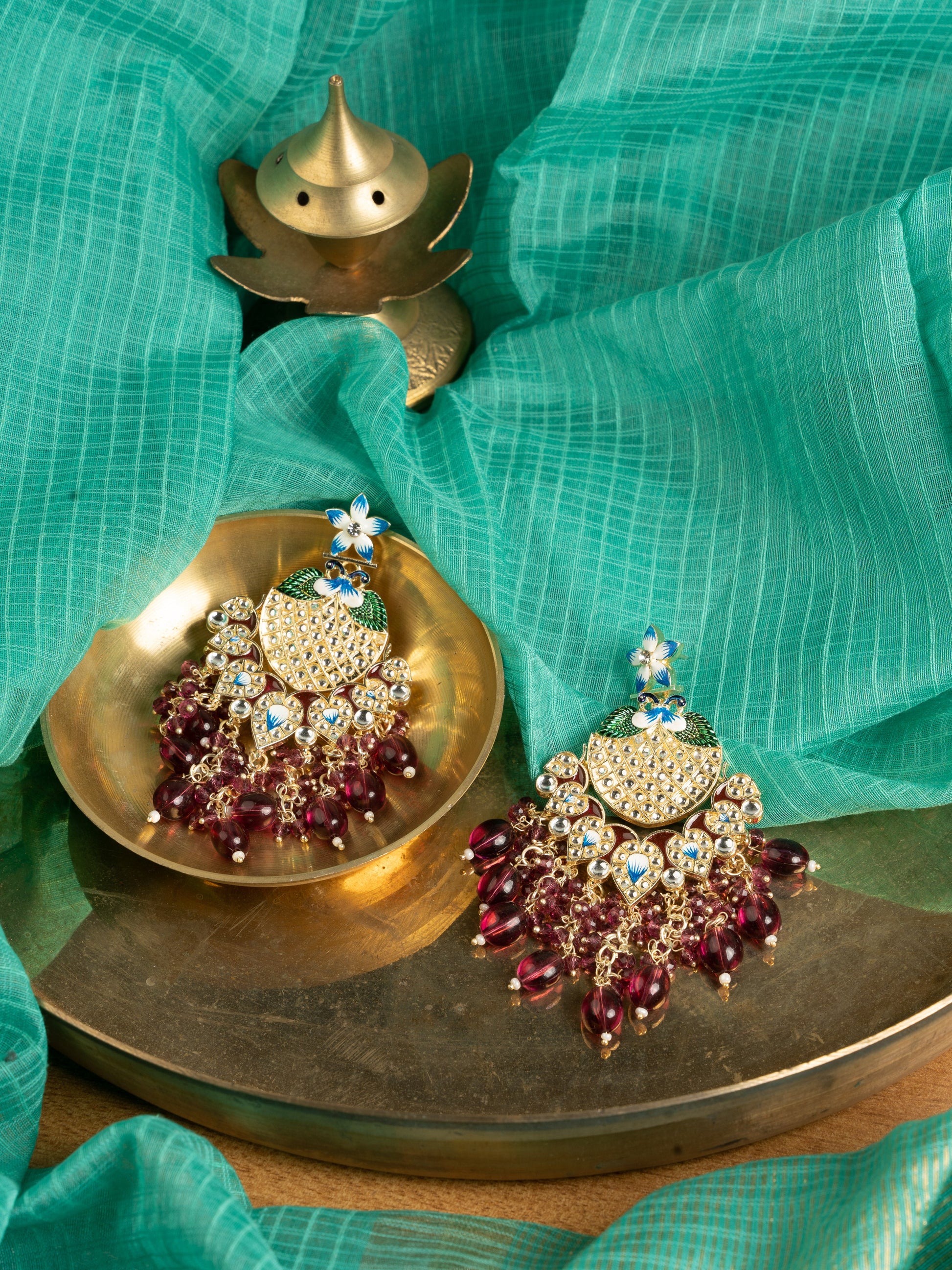 Wine Cascade tall tiered gold earrings with wine and maroon bead drops, by Luxani