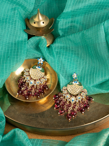 Wine Cascade tall tiered gold earrings with wine and maroon bead drops, by Luxani